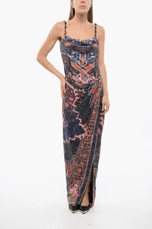 Balmain Sequined Dress With Chains And Deep Slit Formal Sequin Gown