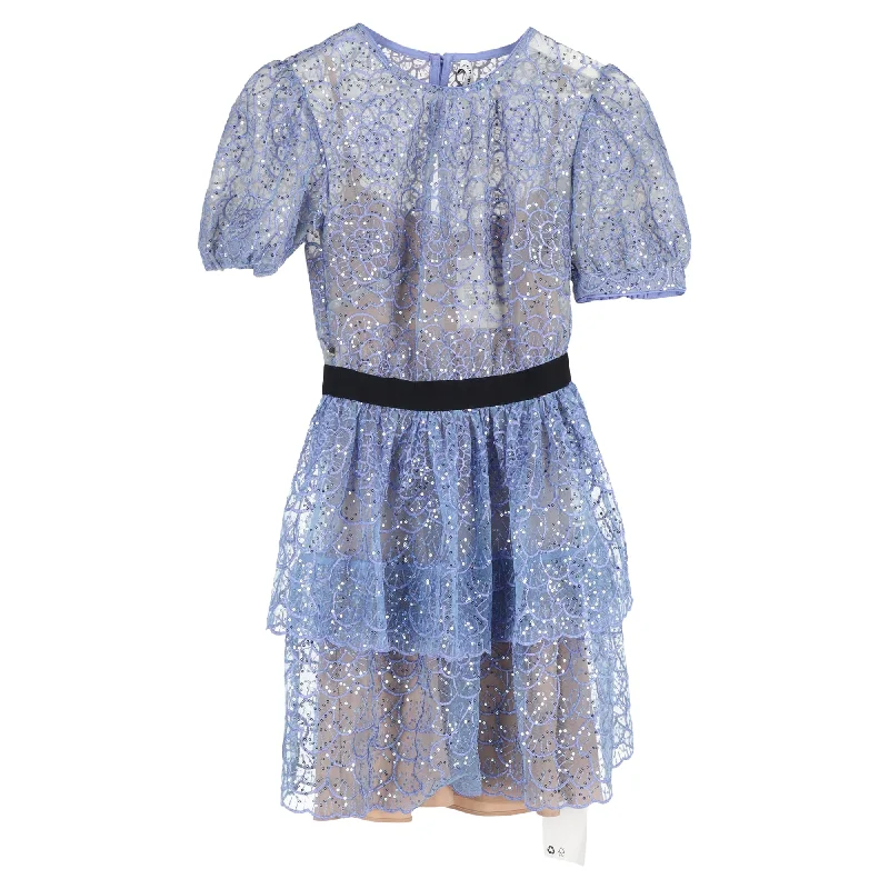 Self-Portrait Sequined Lace Mini Dress in Blue Polyester Sequin Dress Chic