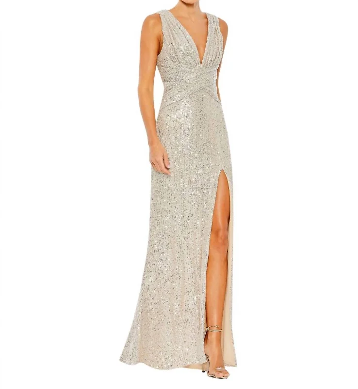 Sleeveless Plunging Sequin Gown In Nude/silver V-neck Sequin Dress