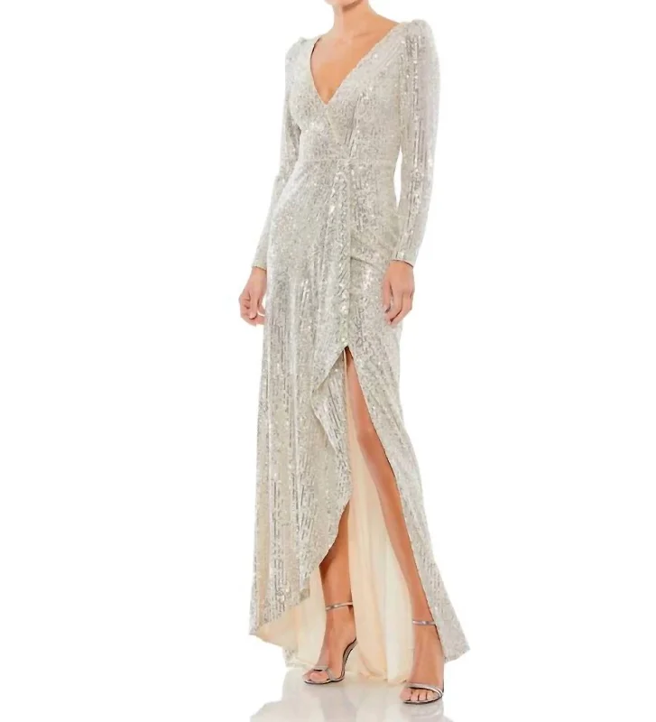 Sequin Wrap Gown In Silver Sequin Dress Casual