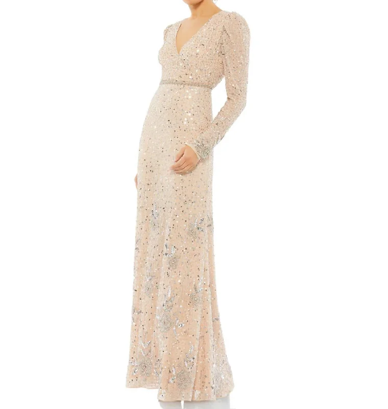 Sequined Long Sleeve Evening Gown In Nude Silver Ruffled Sequin Dress