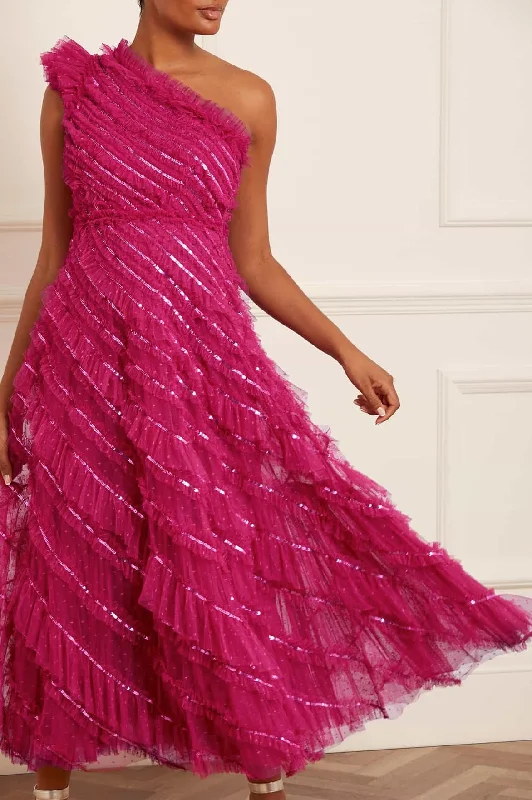 Spiral Sequin One-Shoulder Ankle Gown Sequin Dress Party
