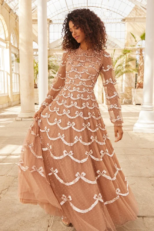 Bow Sequin Long Sleeve Gown Glam Sequin Dress