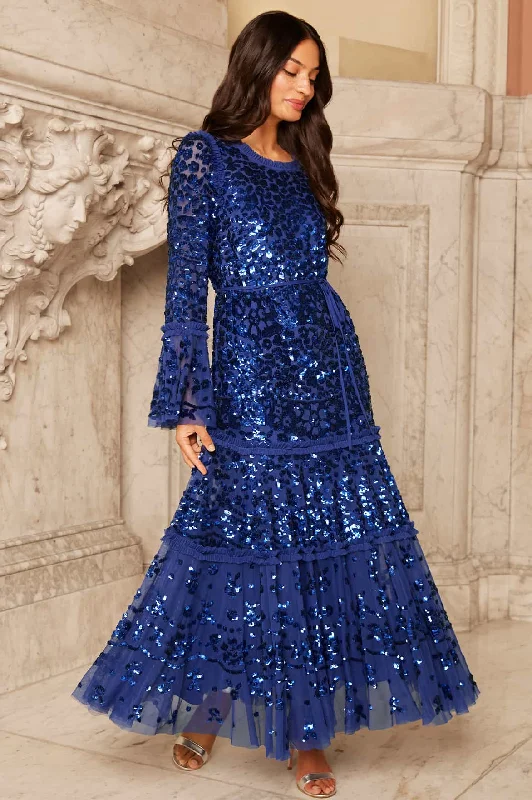 Annie Sequin Tiered Ankle Gown Short Sequin Dress