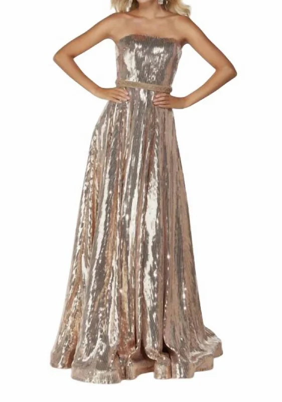 Sequin Strapless Beaded Belt Prom Dress In Rose Gold Sequin Fit Dress