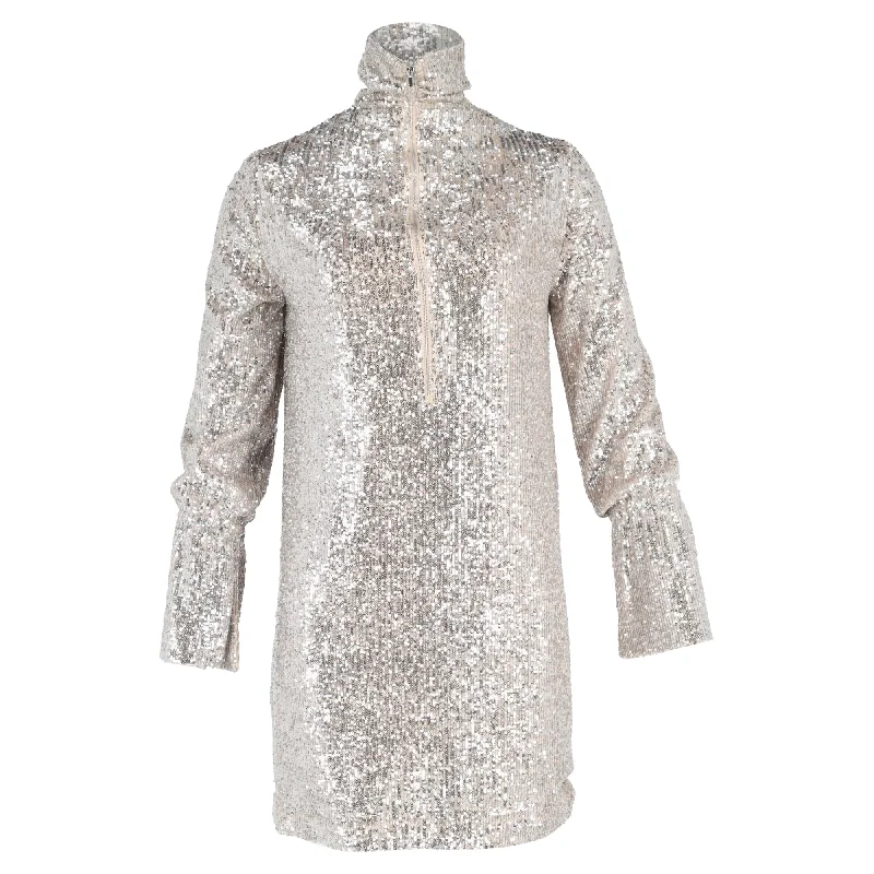 Zadig & Voltaire Half-Zip Mini Long Sleeve Dress in Silver Sequin Sequin Dress Outfit