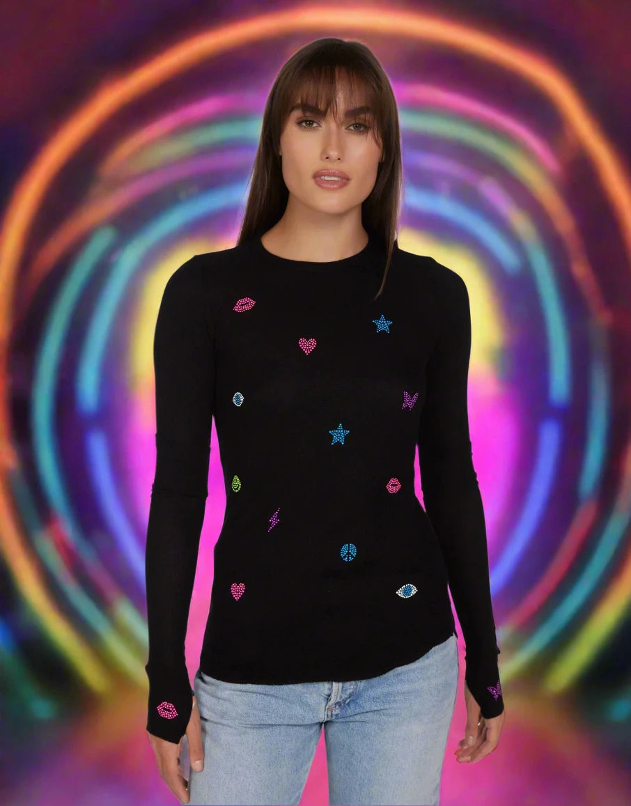 Lauren Moshi McKinley Neon Stud Elements Thermal Top Bold Hoodie Sweatshirt
