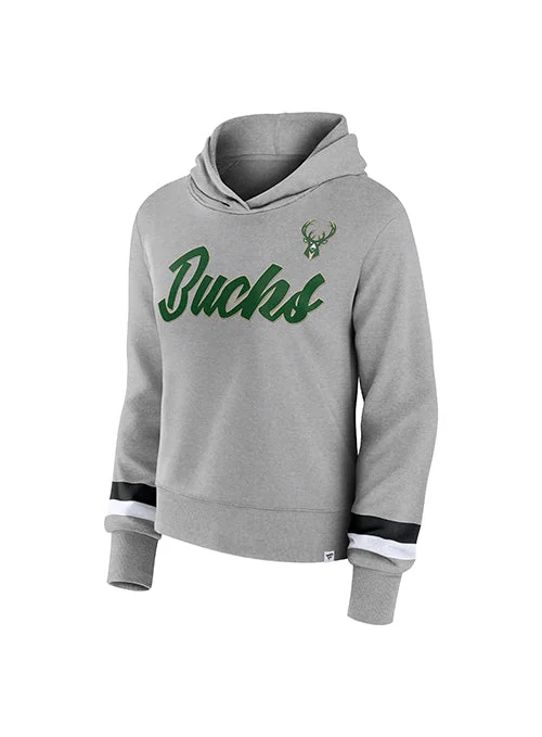 Women's Fanatics Script Grey Milwaukee Bucks Hooded Sweatshirt Long Hoodie Sweatshirt