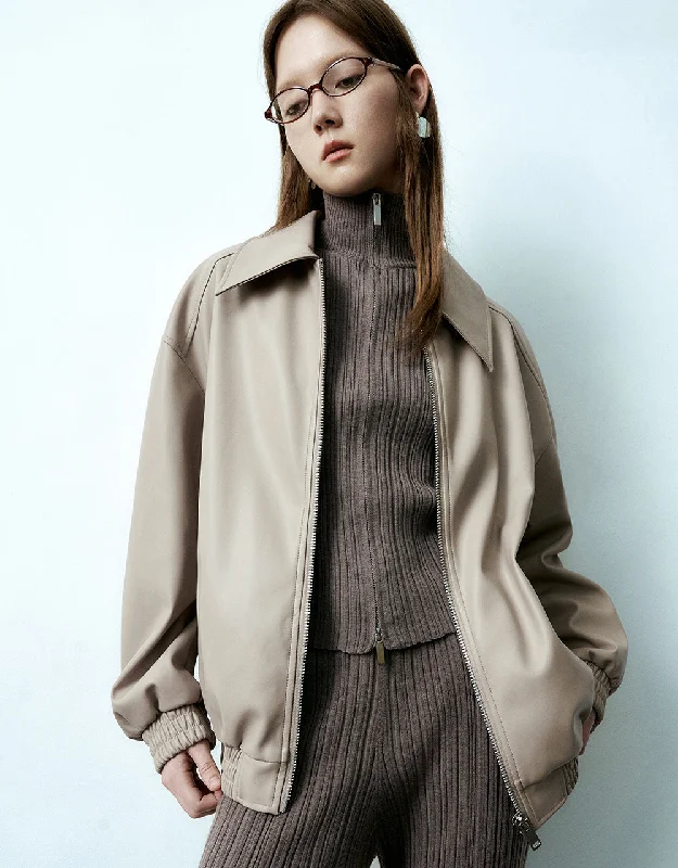 Zipper Front Vegan Leather Straight Jacket
