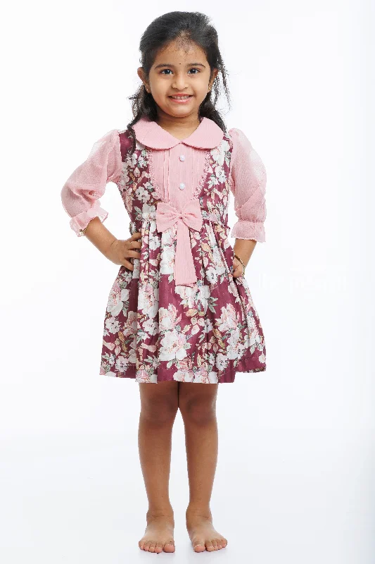 Vintage Bloom Floral Printed Fancy Frock with Bow Detail for Girls