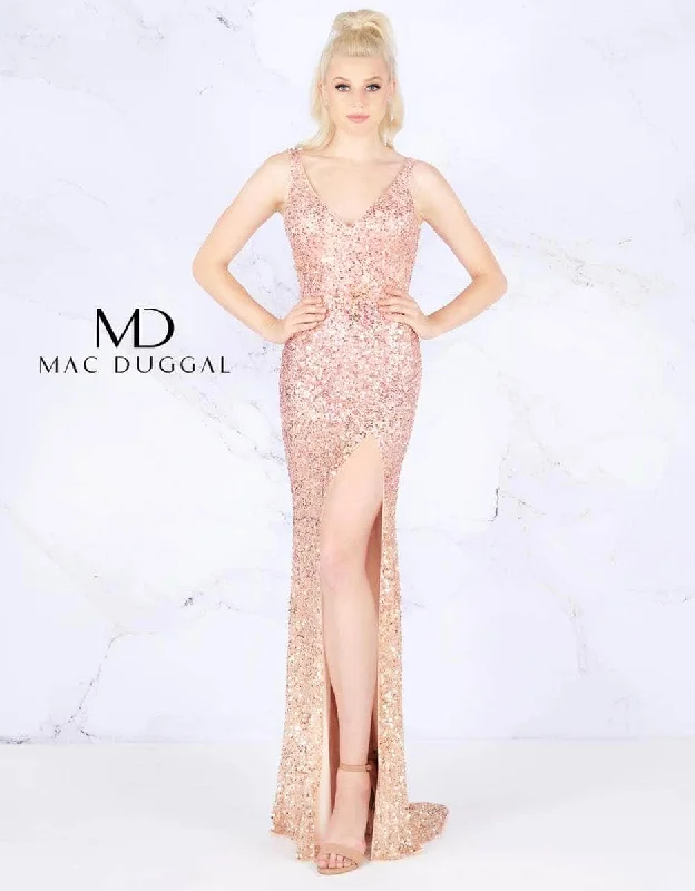 Mac Duggal - Sequined V-Neck High Slit Evening Gown 4834L