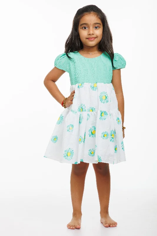 Springtime Blossom Girls Green Cotton Frock with Floral Accents
