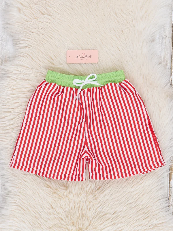 Red & Lime Striped Swim Trunks