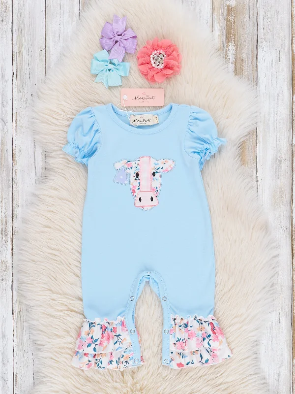 Baby Blue Cow Floral Ruffle Romper