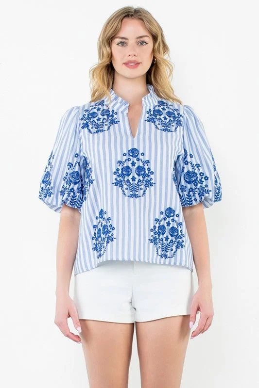 Puff Sleeve Striped Embroidered Top