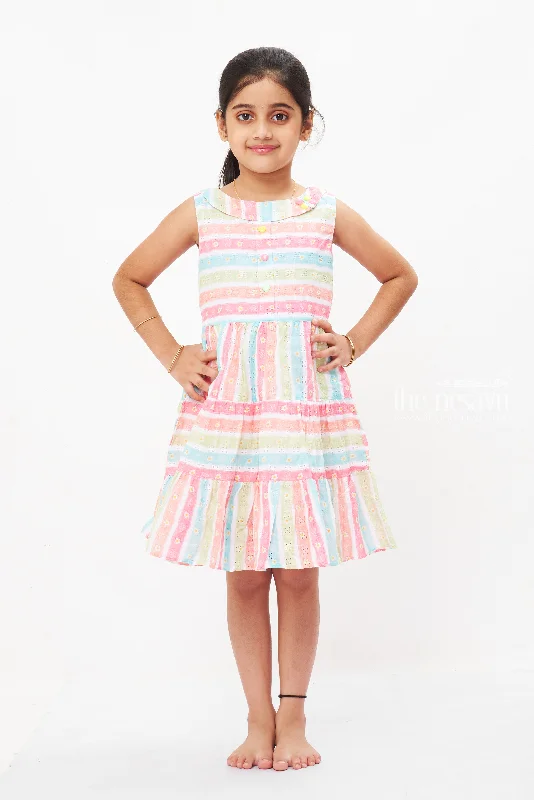 Rainbow Stripe Chikan Embroidered Cotton Frock for Girls - Vibrant and Versatile