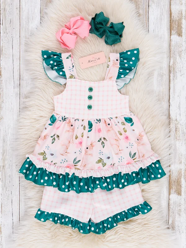Hunter Green Floral Bunny Ruffle Outfit