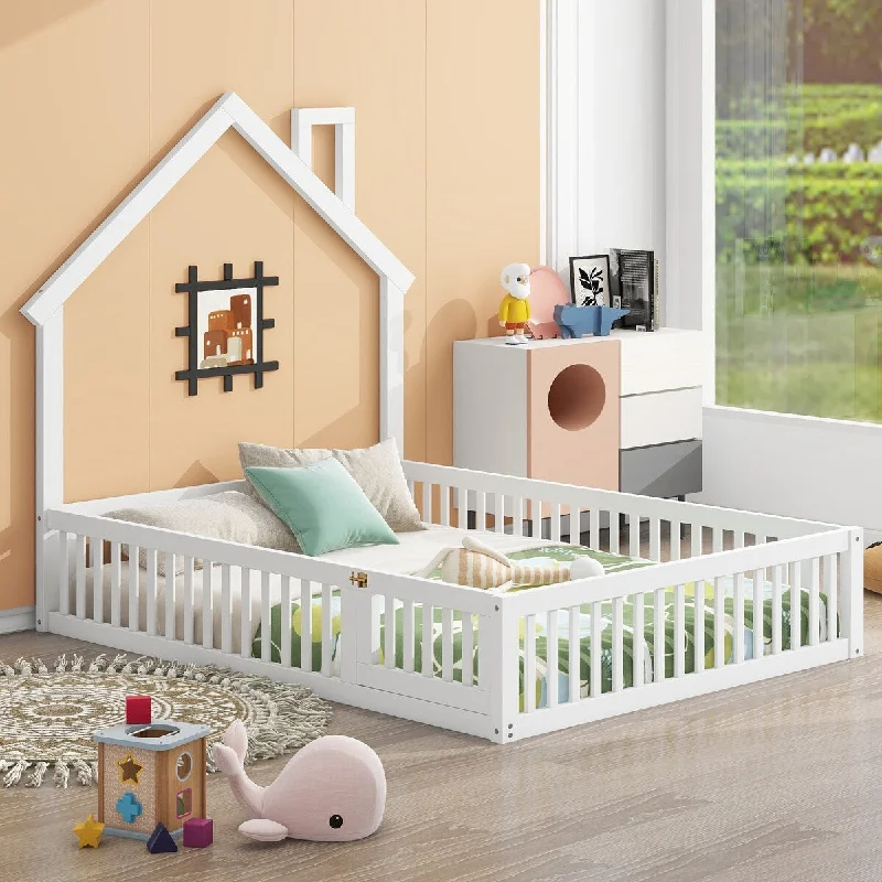 House-shaped Design Wood Full Size House Platform Bed with Safety Guardrail, White