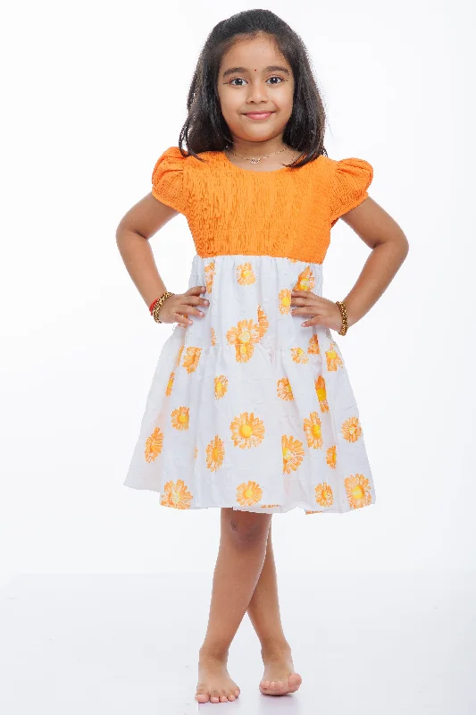 Sunkissed Delight Orange Cotton Frock with Floral Print for Girls