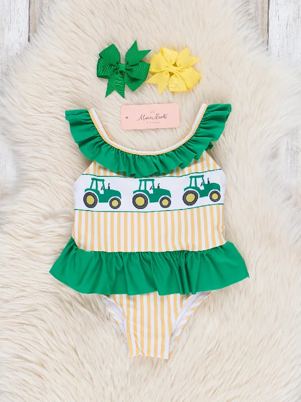 Green & Yellow Striped Tractors One Piece Swimsuit