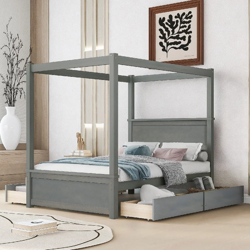 Grey Full Size Canopy Platform Bed with Storage Drawers