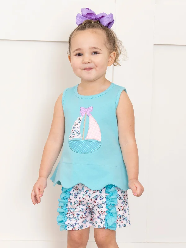 Embroidered Sail Boats Floral Ruffle Outfit