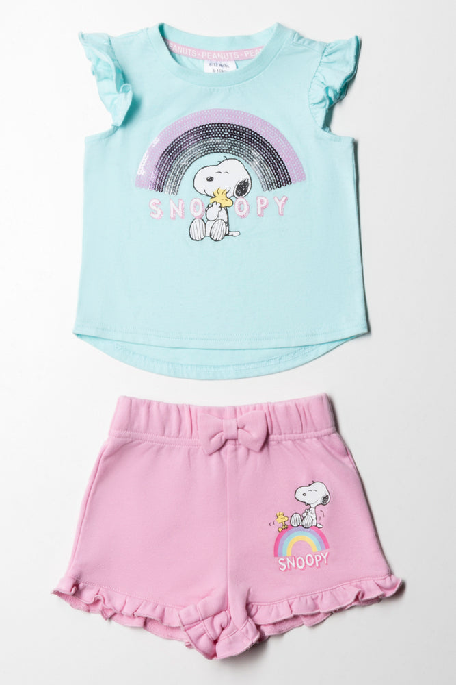 Snoopy Styled T-Shirt And Fleece Shorts Set Blue & Pink