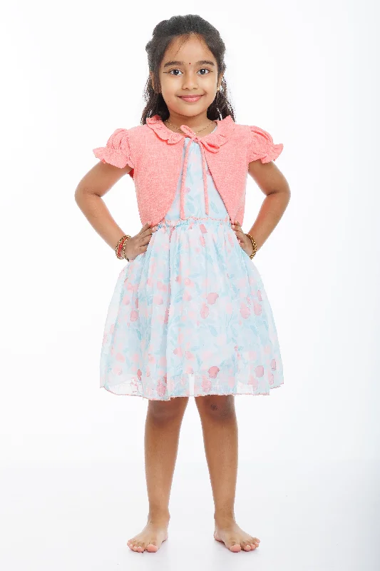 Coral Charm Girls Fancy Frock with Floral Sheer Jacket