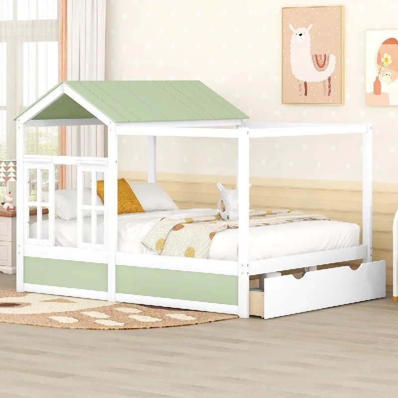 Green Full Size House Bed with Roof & Window