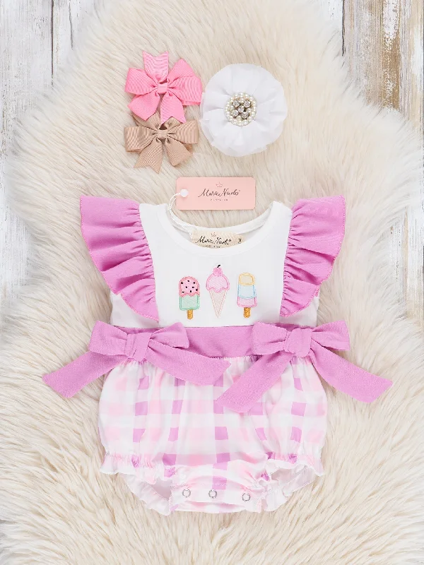 Embroidered Ice Cream Plaid Ruffle Bubble