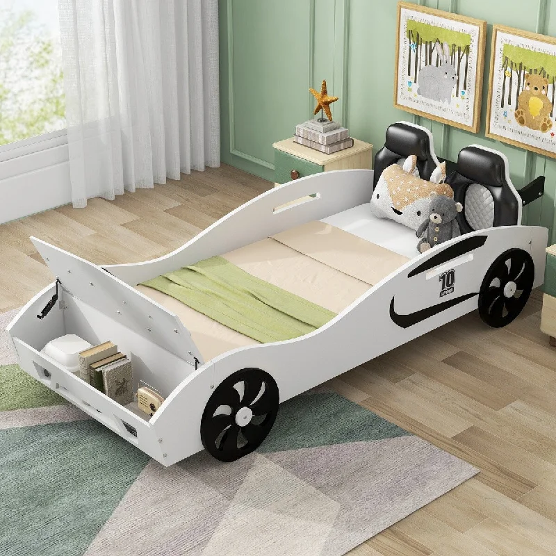 White Twin SizeAdorable Race Car-Shaped Platform Bed with Storage - , Sturdy Pine Wood