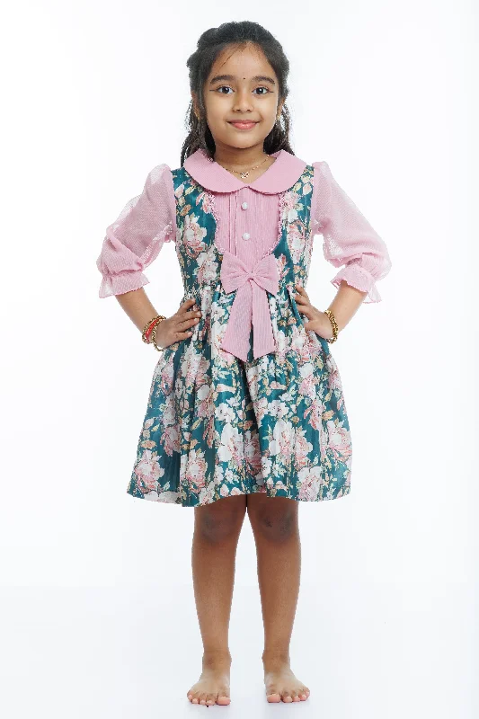 Enchanted Garden Green Floral Printed Fancy Frock for Girls