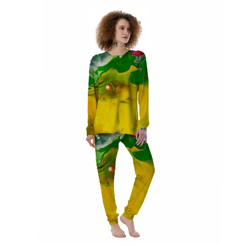 Acid Melt Yellow And Green Print Women's Pajamas Cozy pajama sets