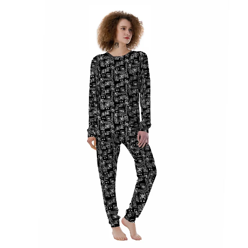 Adinkra Symbols White And Black Print Pattern Women's Pajamas Breathable pajama sets