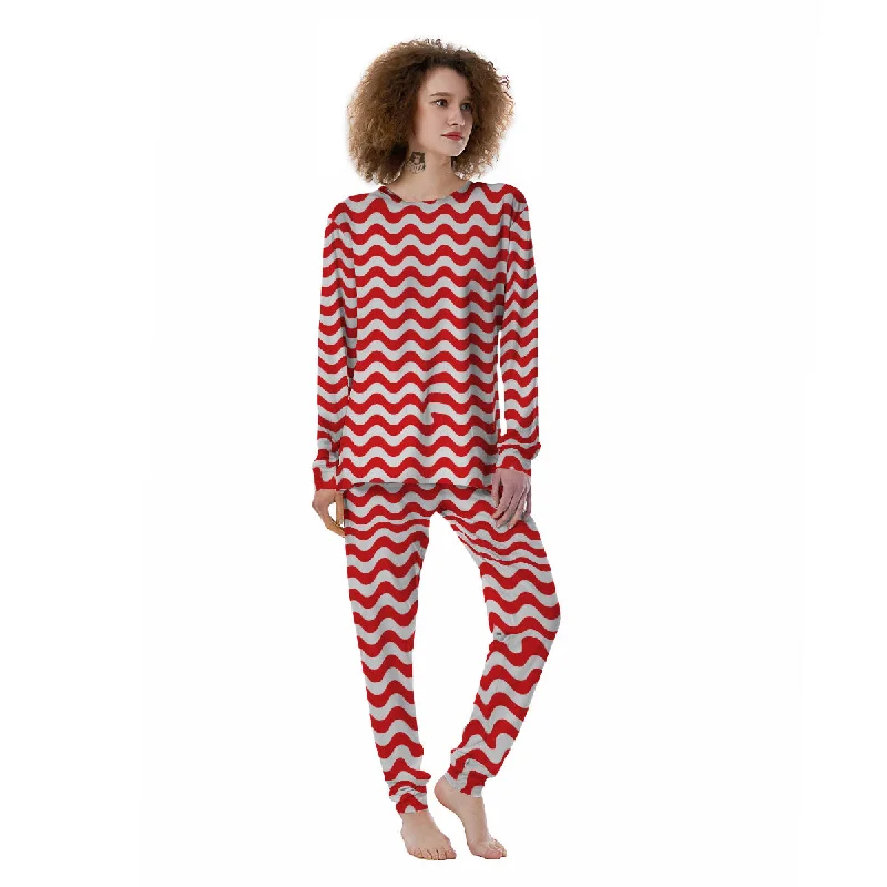 Red Wave Striped Print Women's Pajamas Funny graphic pajama sets