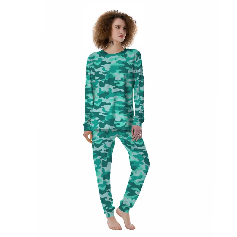 Teal Camo And Camouflage Print Women's Pajamas Pajama sets under $50