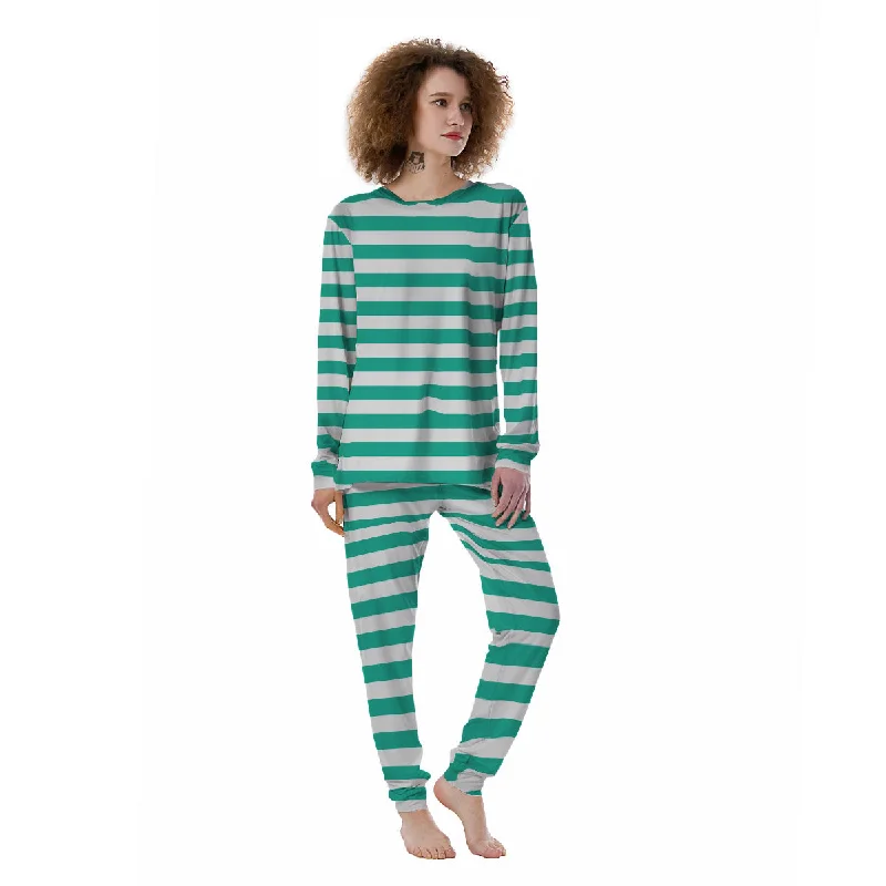 Teal Color Striped Print Women's Pajamas High-end pajama sets