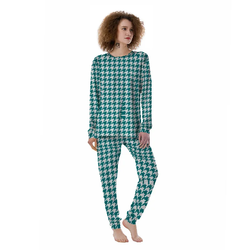 Teal Houndstooth Print Women's Pajamas Designer pajama sets