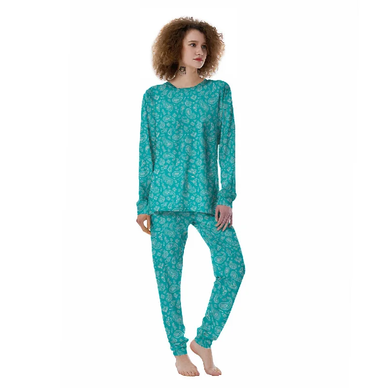 Turquoise Paisley Bandana Print Women's Pajamas Movie night pajama sets