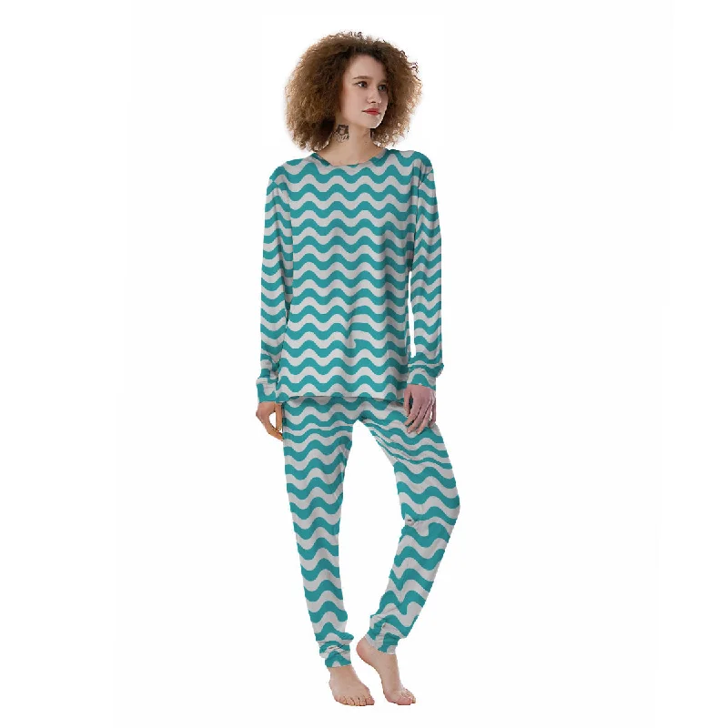 Turquoise Wave Striped Print Women's Pajamas Work-from-home pajama sets