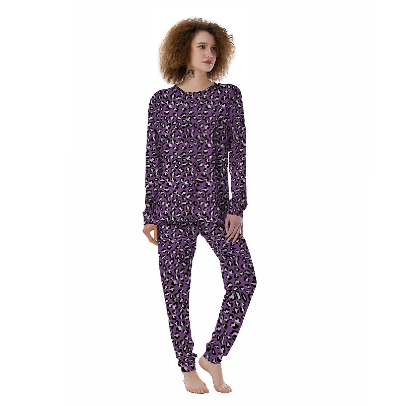 Violet Purple Leopard Print Pattern Women's Pajamas Jogger pajama sets