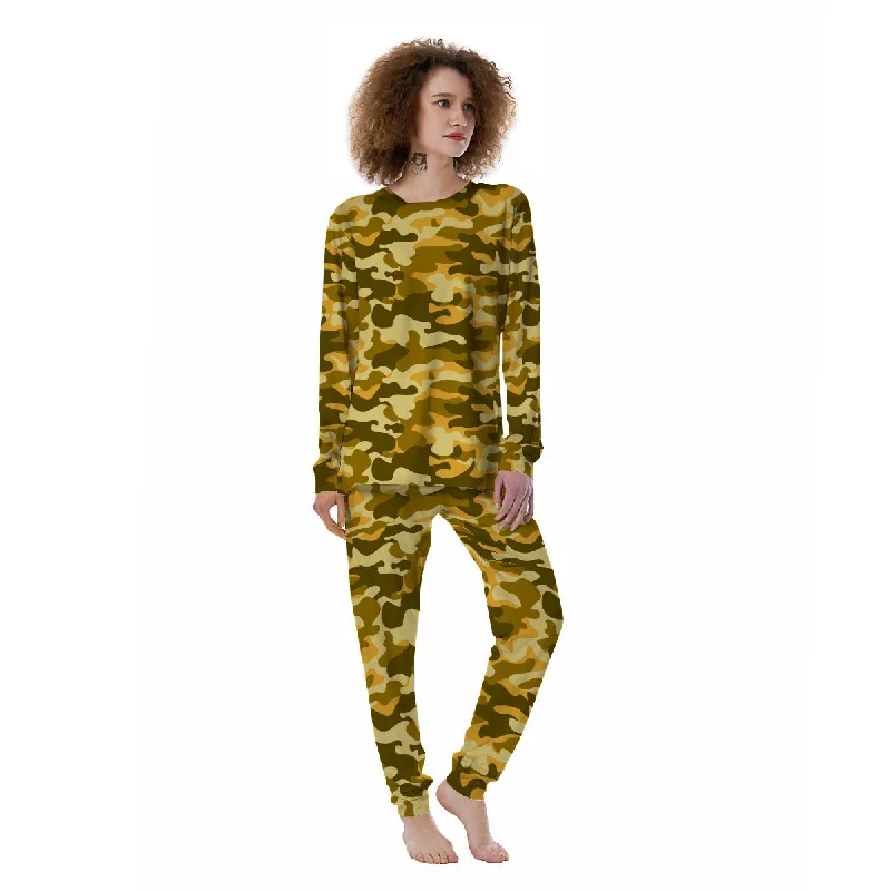 Yellow Camo And Camouflage Print Women's Pajamas Button-up pajama sets
