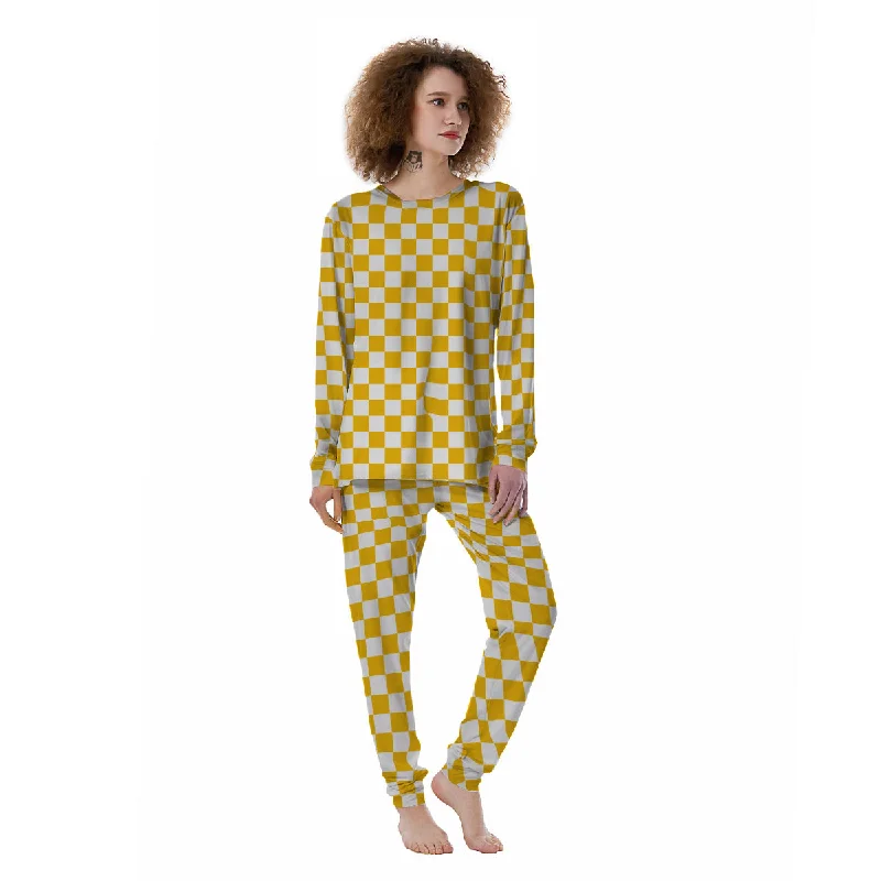 Yellow Checkered Flag Print Women's Pajamas Sleeveless pajama sets