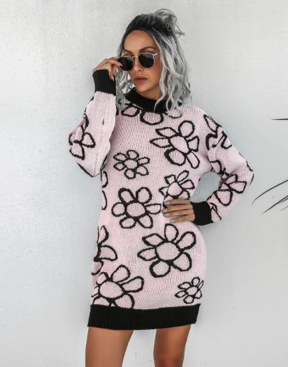 fashion flower knitted dress V-neck sweaters