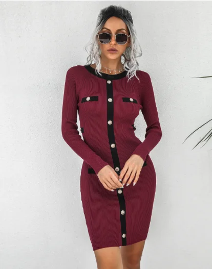 rivet long sleeve knitted jumpsuit hip skirt Best sweaters for fall
