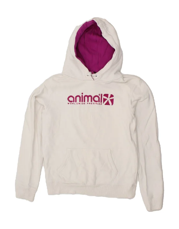 ANIMAL Womens Graphic Hoodie Jumper UK 12 Medium White Cotton Thermal sweaters