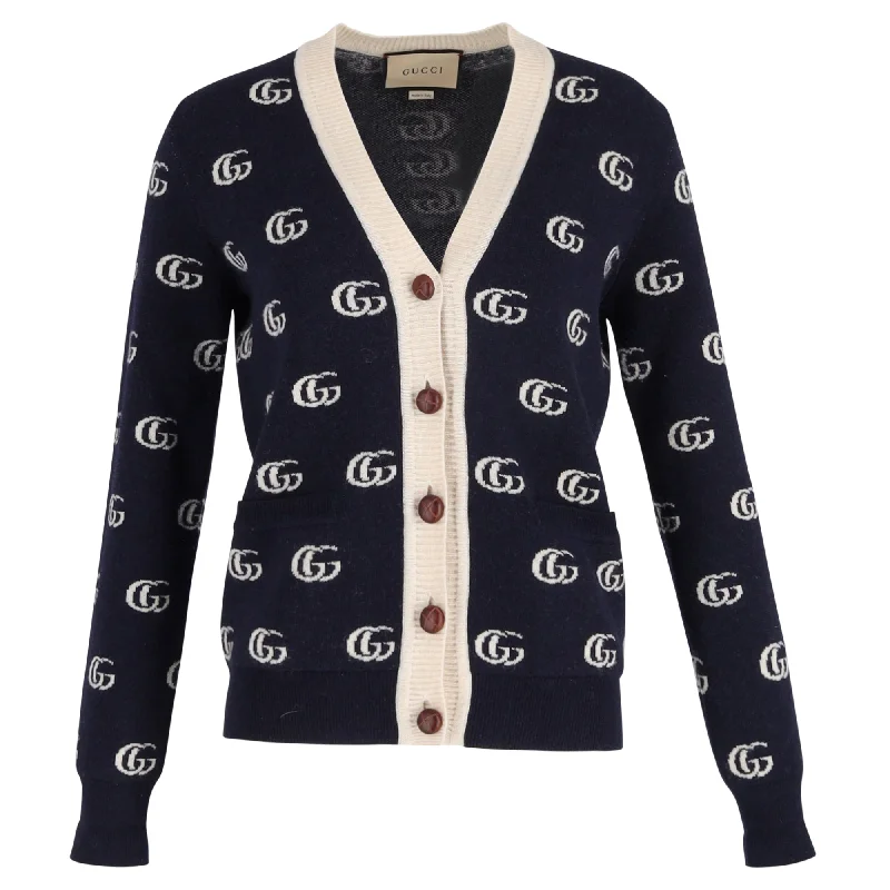 Gucci Double G Cardigan In Blue Jacquard Wool North Face sweaters