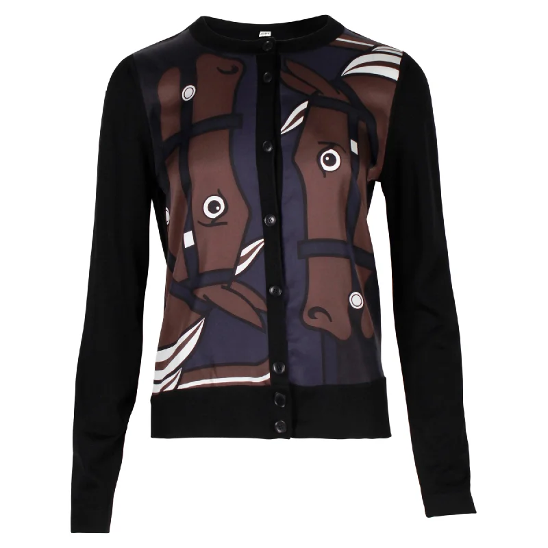 Hermes Horse Printed Cardigan in Black Virgin Wool Wrinkle-resistant sweaters