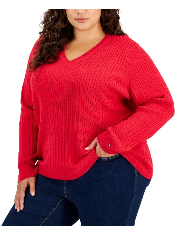 Plus Womens Cable Knit Long Sleeve V-Neck Sweater Women's sweaters