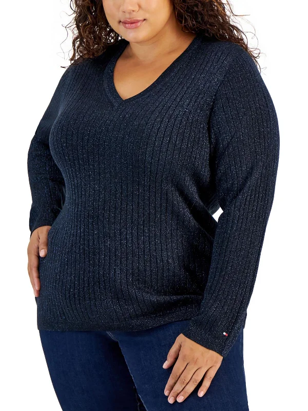 Plus Womens Metallic V-Neck Pullover Sweater Alpaca wool sweaters